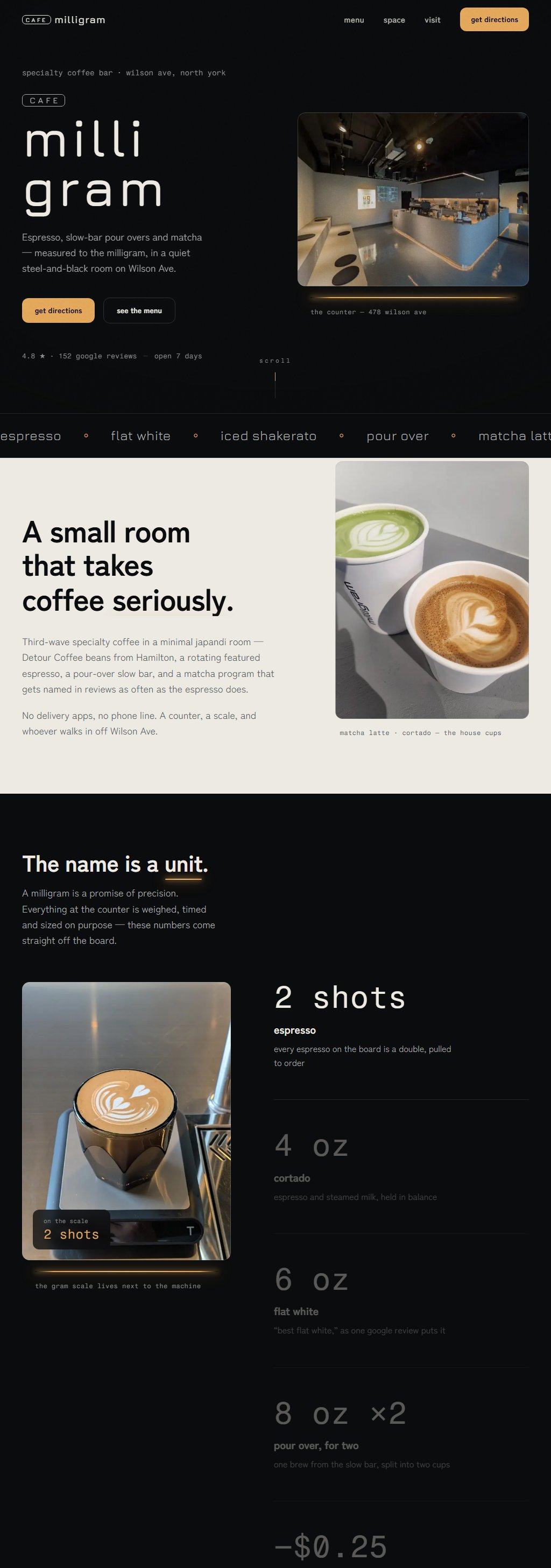 The full home page of a café website in a dark menu-board style