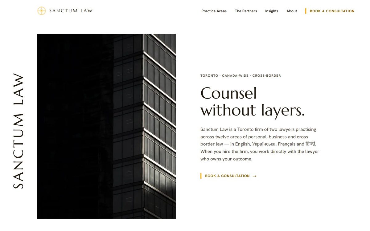 After: a restrained editorial law-firm page in black and gold with a vertical wordmark