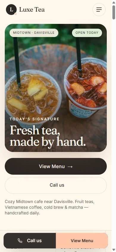 The same tea shop concept build on a phone — a legible mobile layout