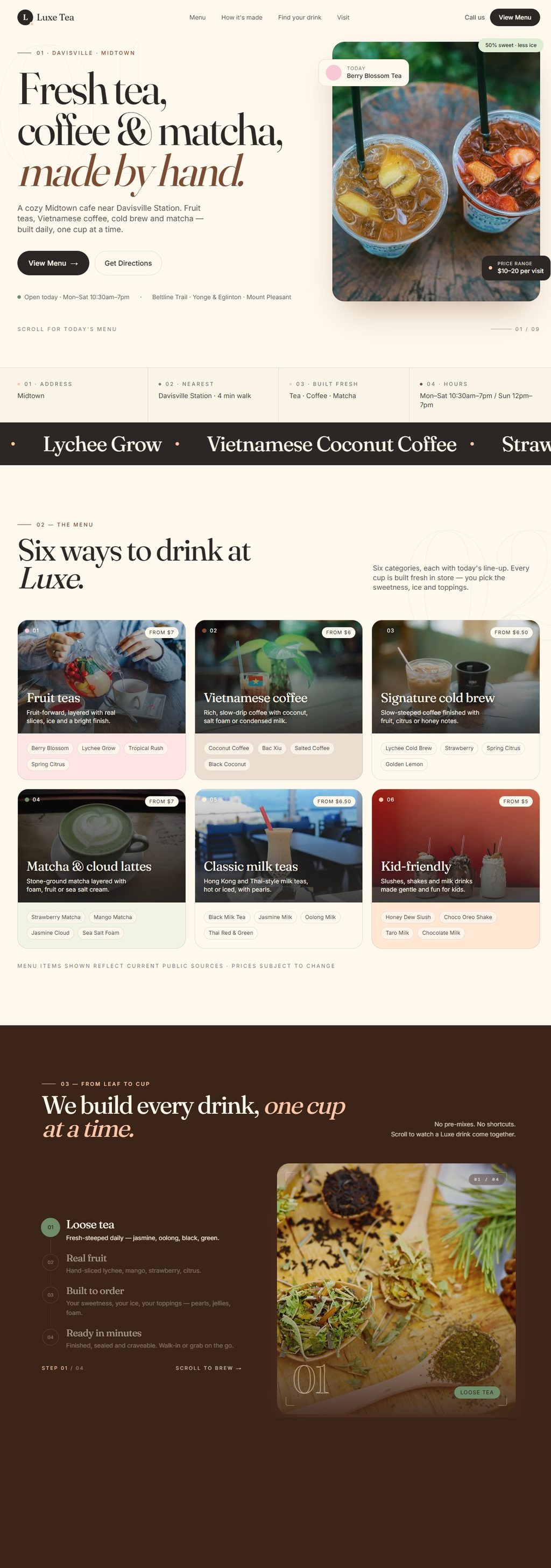 A concept build for a Toronto tea shop, shown scrolling live