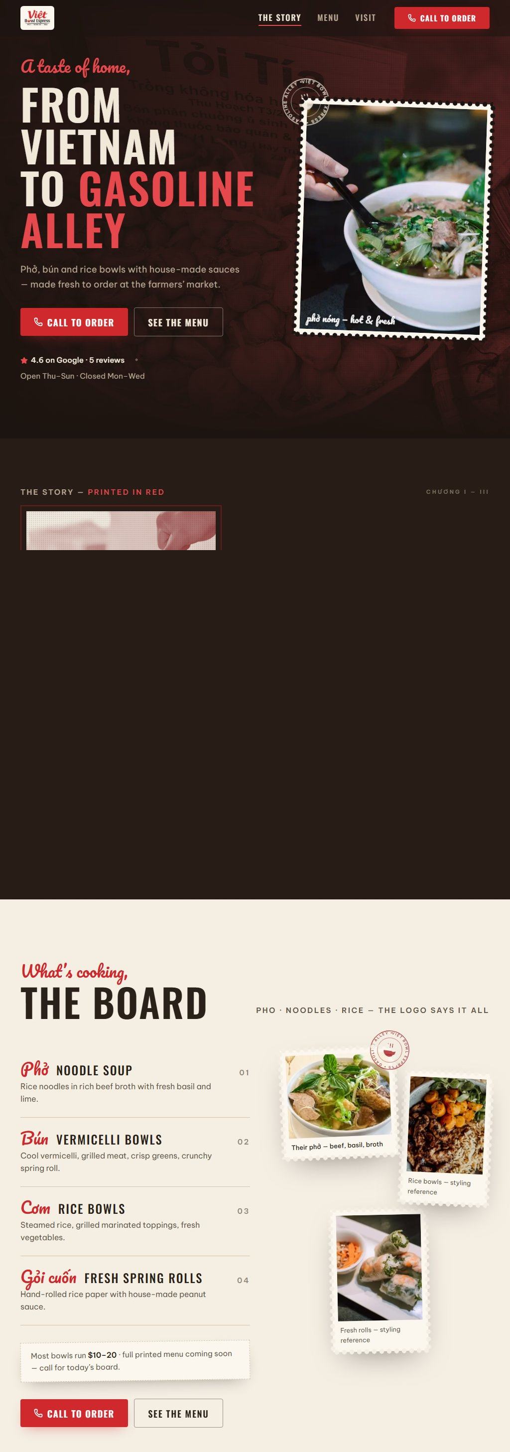 The full home page of a Vietnamese market kitchen website in a red-ink Saigon-poster style