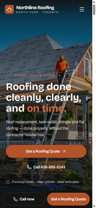 The same roofing concept build on a phone — a legible mobile layout
