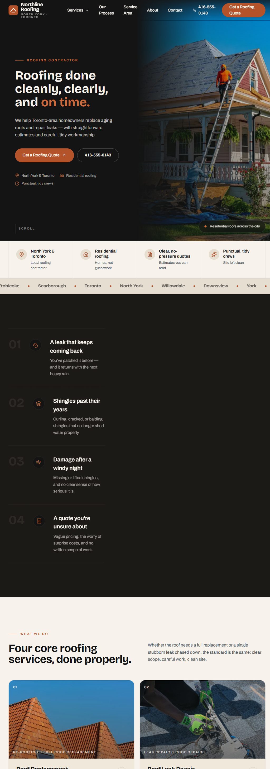A concept build for a Toronto roofing company, shown scrolling live