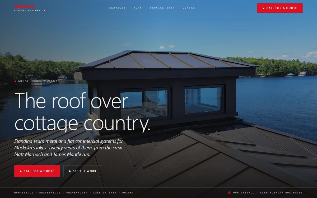 After: a full-bleed photo of a standing-seam metal roof over a Muskoka lake, with a quote button in view