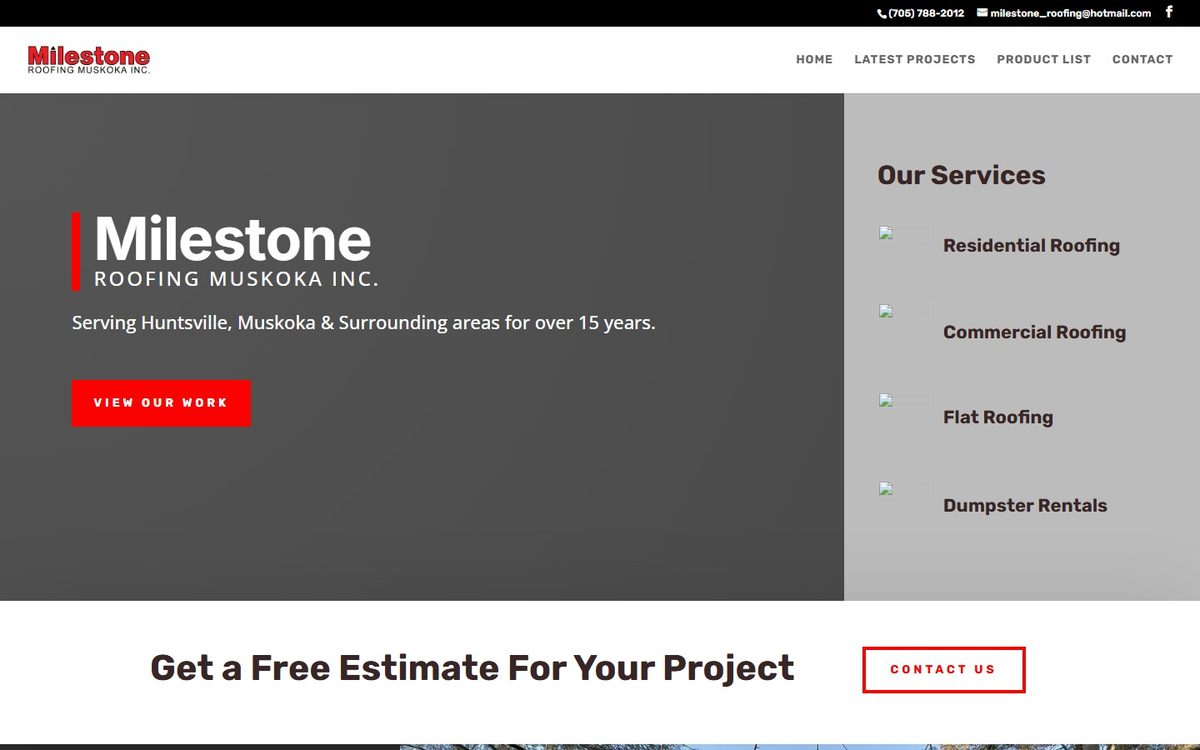 Before: the roofing company's previous website, grey panels with broken image icons