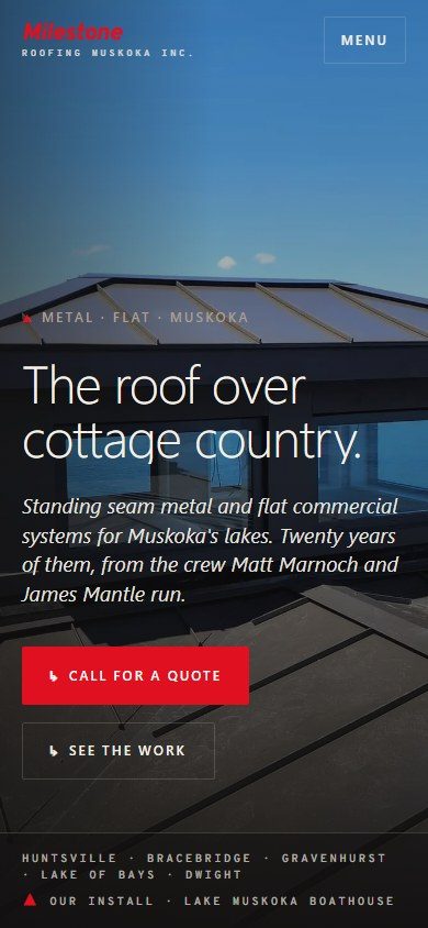 The same roofing client rebuild on a phone, with a legible mobile layout