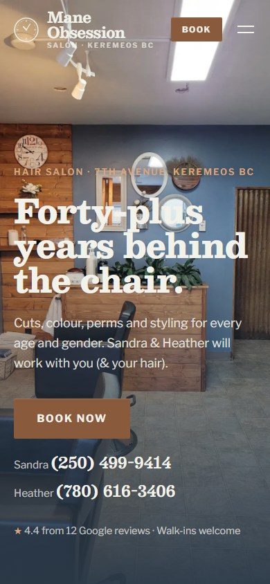 The salon home page on a phone