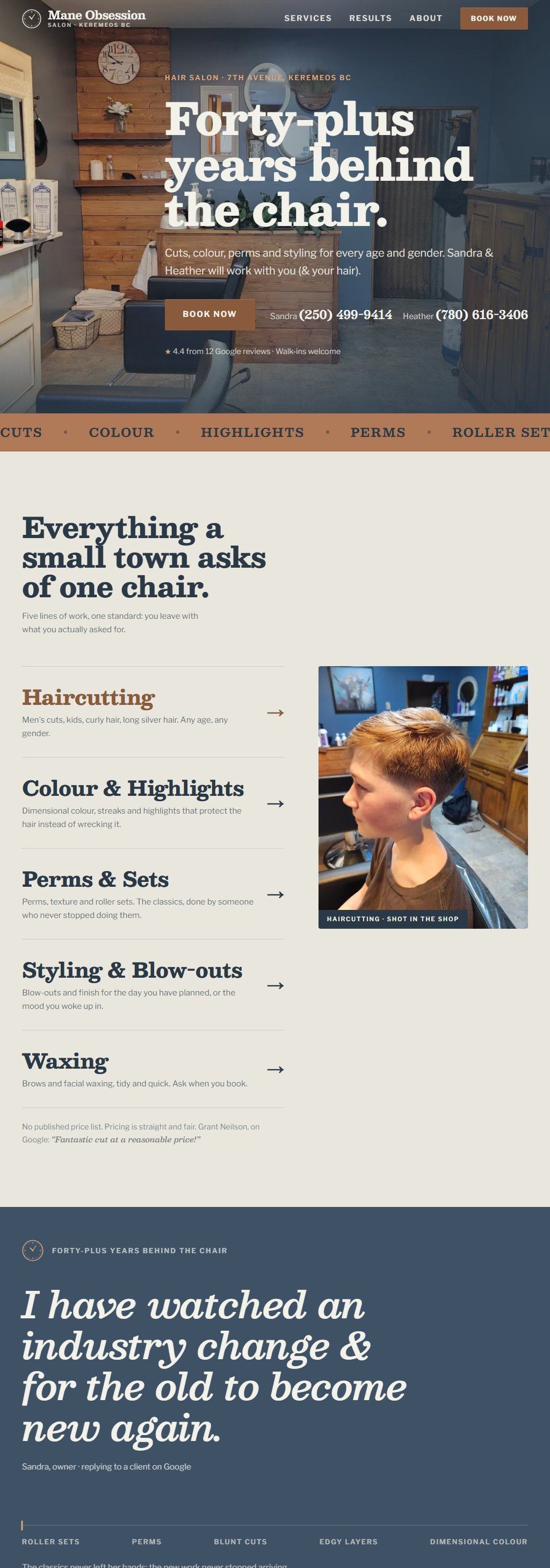 The full home page of a hair salon website in slate blue and wood tones